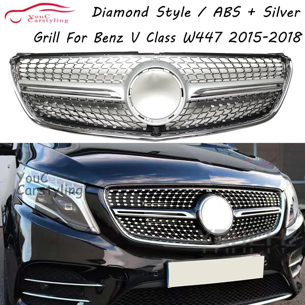 

V260 W447 Diamond Grille Front Bumper for Mercedes V Class V250 V220 2015-2018 Grill With Camera +Silver