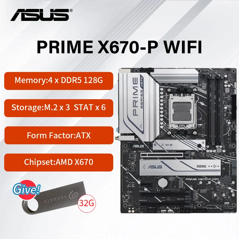 

Новый ASUS PRIME X670-P материнская плата с WIFI с разъемом AMD AM5 4 x DIMM, Max. 128GB, DDR5