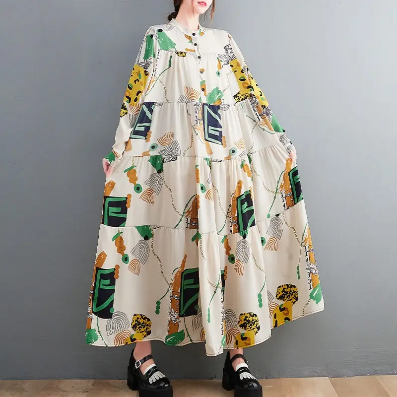 

Женское платье-рубашка с цветочным принтом, длинное хлопково-льняное приталенное платье большого размера в этническом ретро-стиле, повседн...