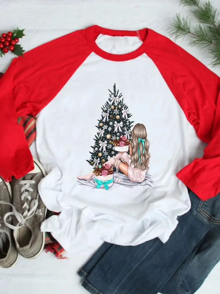 

Новогодняя зимняя Милая женская одежда с принтом дерева, футболка, праздничные топы, модная графическая футболка с длинным рукавом для рожд...