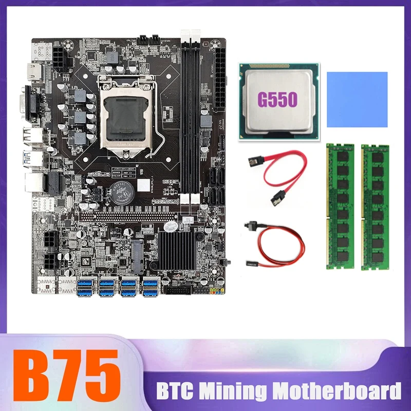 

B75 BTC Miner Motherboard 8XUSB+G550 CPU+2XDDR3 4G 1600Mhz RAM+SATA Cable+Switch Cable+Thermal Pad B75 USB Motherboard
