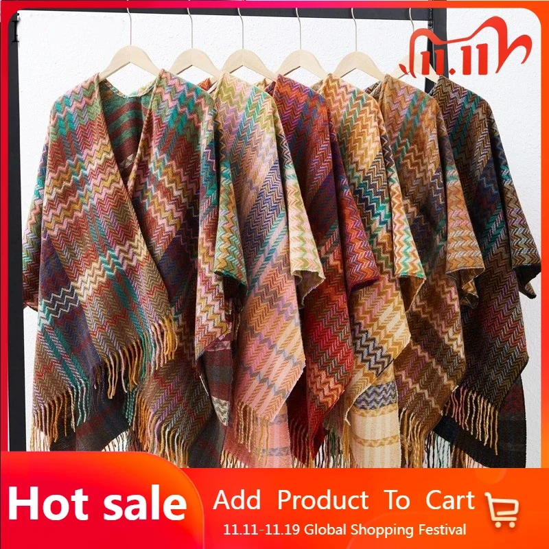 

2023 New Shawl with Sleeves Cuffs Air Conditioning Shawl Fall and Winter Cape Travel Ethnic Opera Cape Wind Tassel Split Shawl