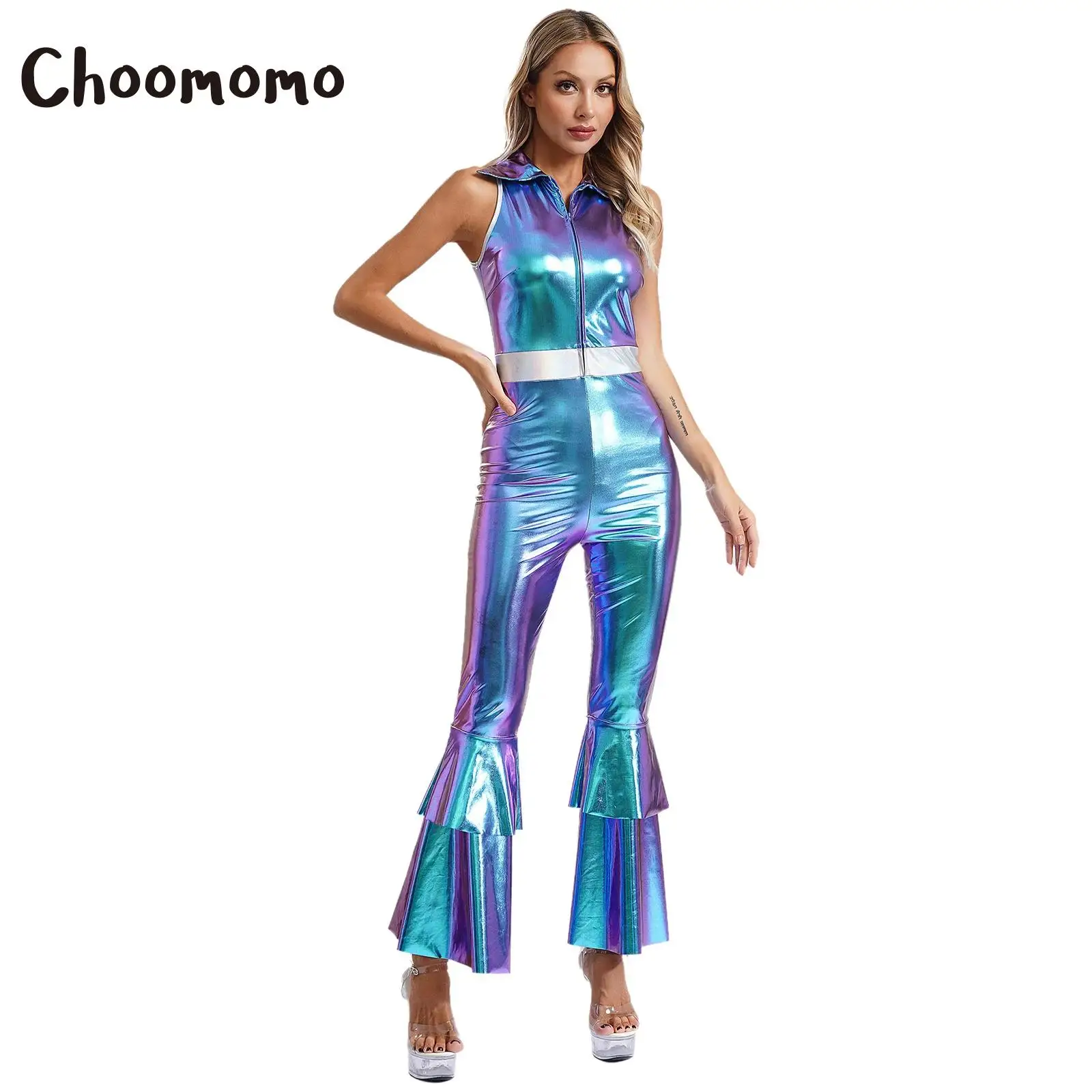Женский глянцевый металлик 70-х годов винтажный костюм для дискотеки воротник с