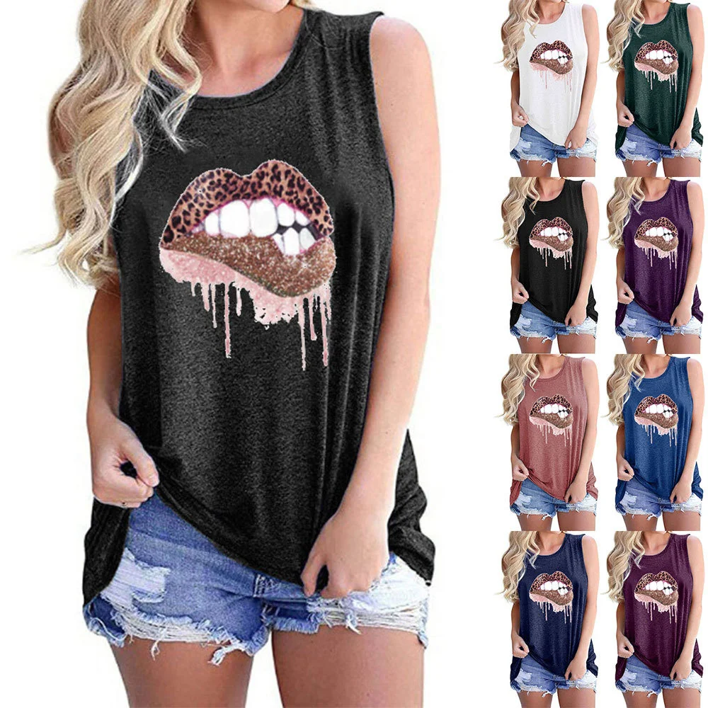 

Women's Vest Leopard Lip Hot Drill Round Neck Sleeveless T-shirt