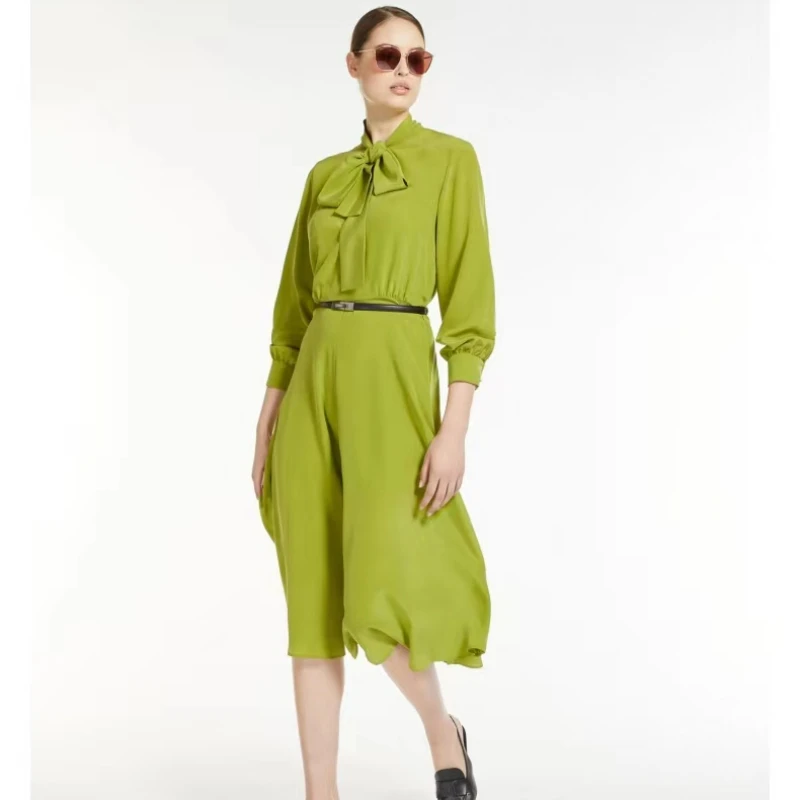 Original Quality New Spring / Summer New Women Dress Fruit Green Silk /Black Streamer Bowknot Midi Dress