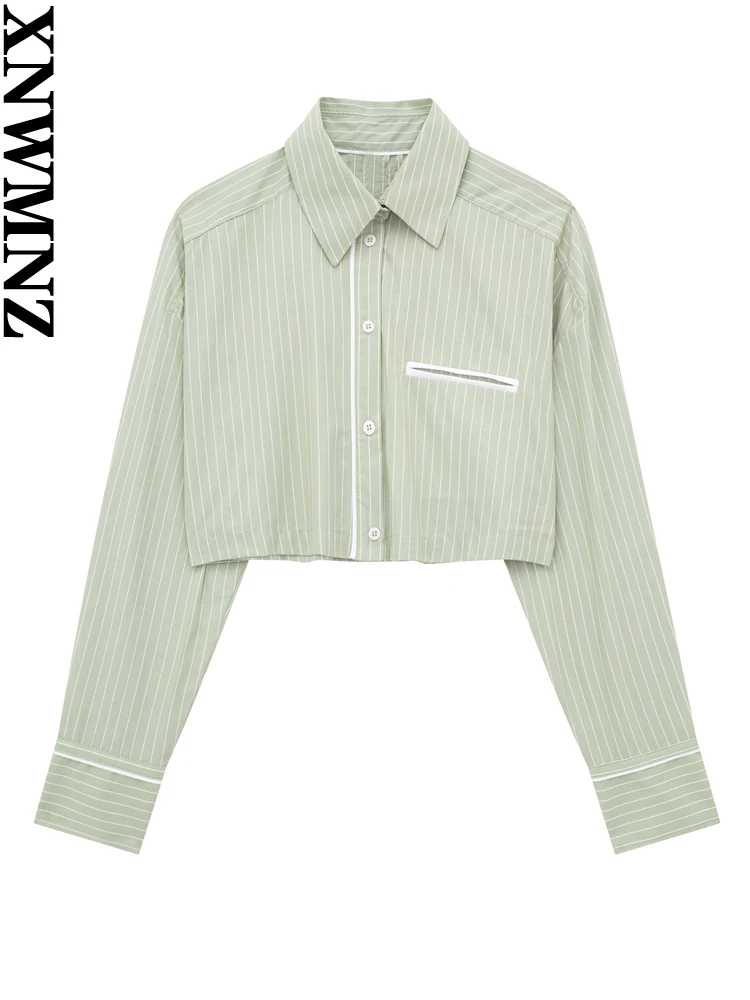 

XNWMNZ Women's Fashion 2023 Crop Striped Poplin Shirt or Elastic Drawstring Mid-rise Pants High Street Female Two Piece Set