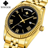 wwoor new gold watches mens luxury stainless steel with calendar warterproof male clock week quartz wristwatch relogio masculino