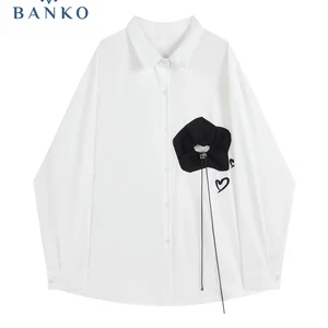 2022 Short Sleeve Shirt Women White Turn Down Collar Basic Casual Student Baggy Shirt Women Floral D in Pakistan