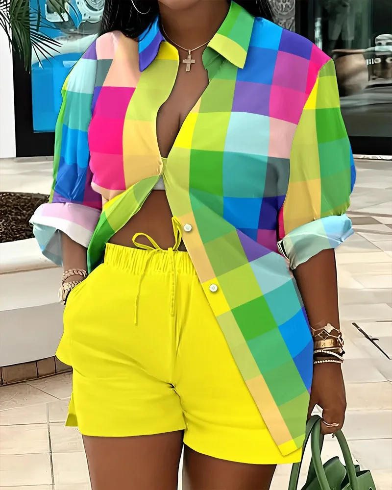 

Elegant Women's Long Sleeve Blouse Shirt +Shorts 2 Piece Sets 2023 Autumn Female Shirt Fashion Print Commuter Lady Suit S-XXXL