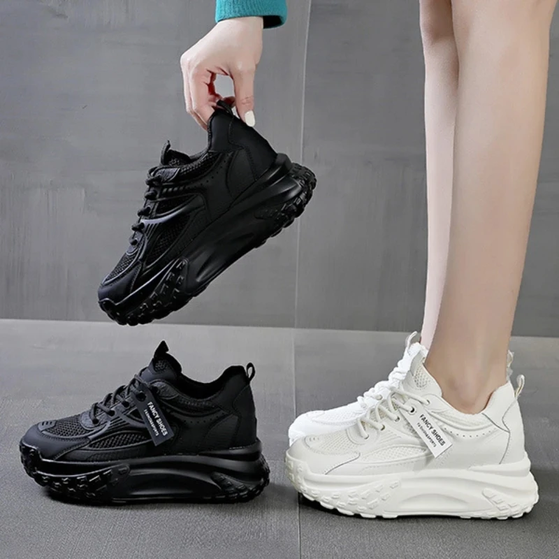 2023 New Genuine Leather 7cm Platform Wedge Air Mesh Breathable Women Casual Sneakers Female Summer Ladies Comfy Lace Shoes