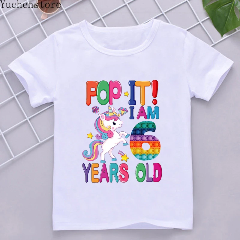 

2022 New Kids T-shirt Summer White Unicorn Pop It Happy Birthday T-Shirt Cute Kawaii Boys And Girls 3 to 12 Shirts Clothing