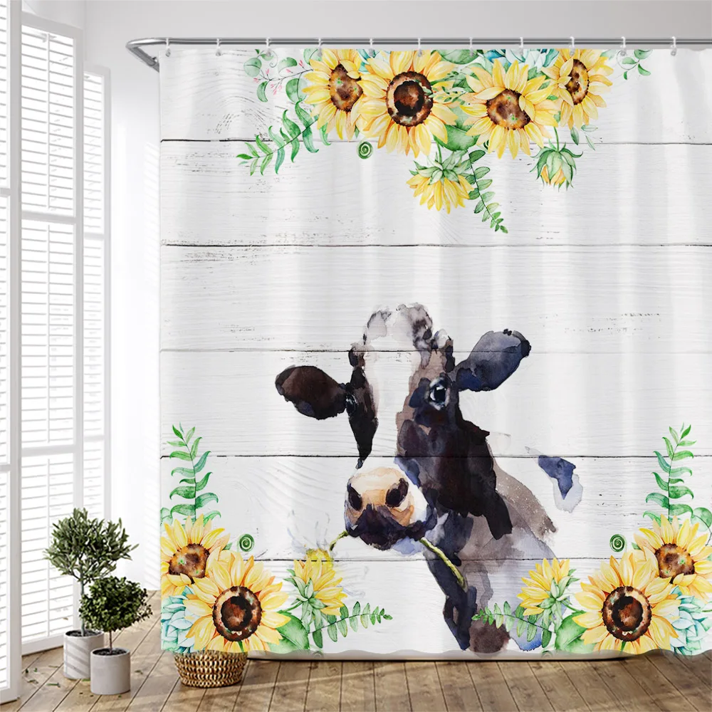 

Farm Animal Cow Shower Curtain Funny Bull Cattle Flowers Green Leaf Rustic Wooden Farmhouse Fabric Bathroom Decor with Hooks