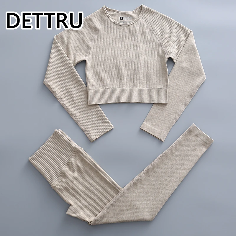 

Женская спортивная одежда, комплекты для йоги, бесшовная тренировочная одежда в рубчик с длинным рукавом для женщин, спортивные Леггинсы с ...