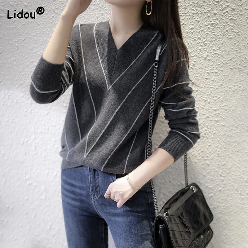 

Loose-fitting Comfortable Sweaters V-Neck England Style Pullovers Autumn Winter Thick Striped Acrylic Generous Women's Clothing