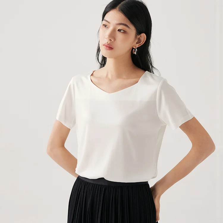 

Удобная женская футболка из триацетата, Новинка весна-лето 2023, однотонная женская рубашка с коротким рукавом и квадратным вырезом