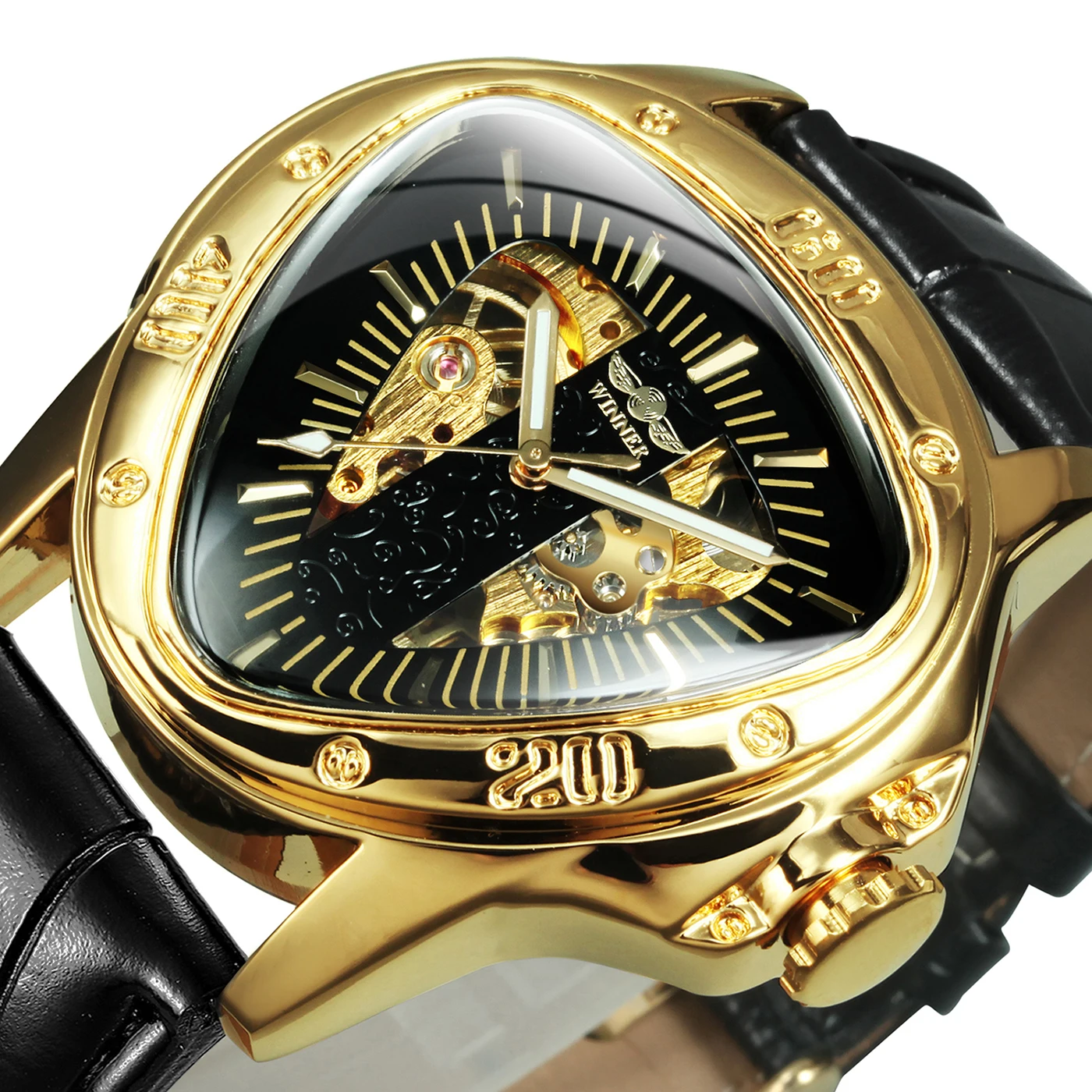 

Winner Official Triangle Golden Skeleton Watch for Men Mechanical Automatic Sport Mens Watches 2021 Top Brand Luxury Clock Army