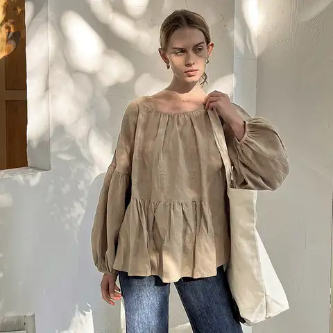 100% Linen Retro Women Long Sleeve T-Shirt Spring Autumn New Ladies Blouse Casual Loose Lantern Sleeve Cotton And Linen Shirts