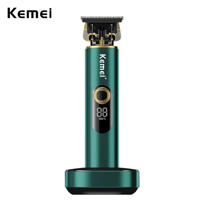 Kemei T9 Professional Hair Trimmer Men T-Blade 0mm Zero Gapped Clipper Finish Hair Cutting Machine with Charging Base Lighter