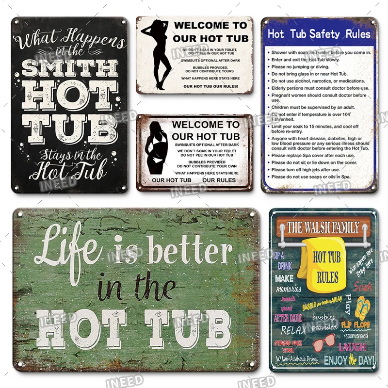 INEED Welcome To Hot Tub Metal Poster Tin Sign Hot Tub Rules Vintage Bathroom Wall Decorative Metal Plate for Bar Room Decor