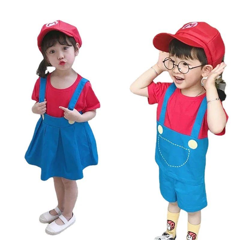 

Super Mario children's suit cute cartoon Mario boys and girls shorts short-sleeved dress brother and sister dress
