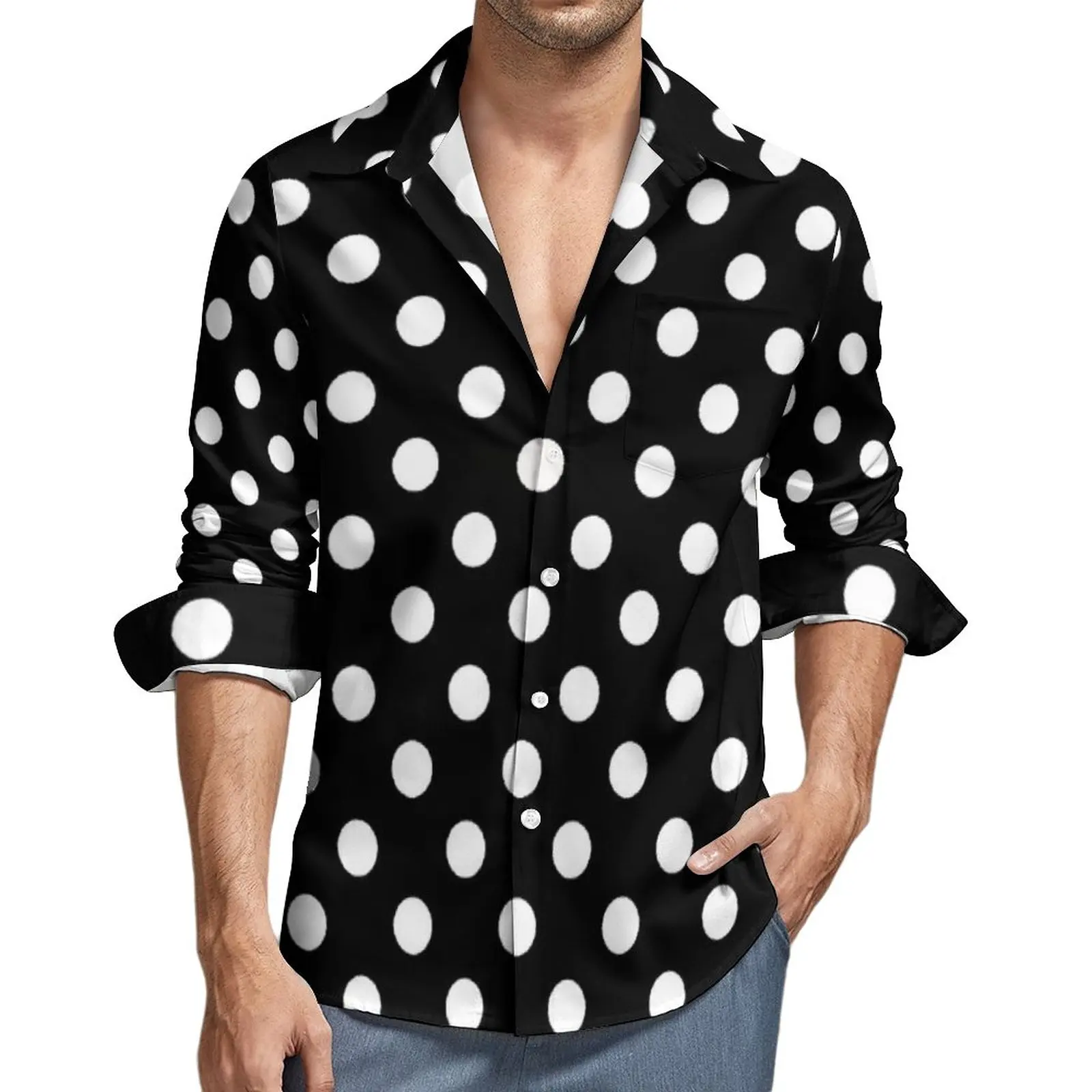 

Black And White Polka Dot Print Y2K Casual Shirt Men Trendy Modern Art Shirt Autumn Loose Blouses Long Sleeve Oversized Clothing