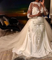 luxurious 2022 arabic dubai wedding dresses detachable train beaded crystals long illusion sleeves bride gowns vestidos de noiva