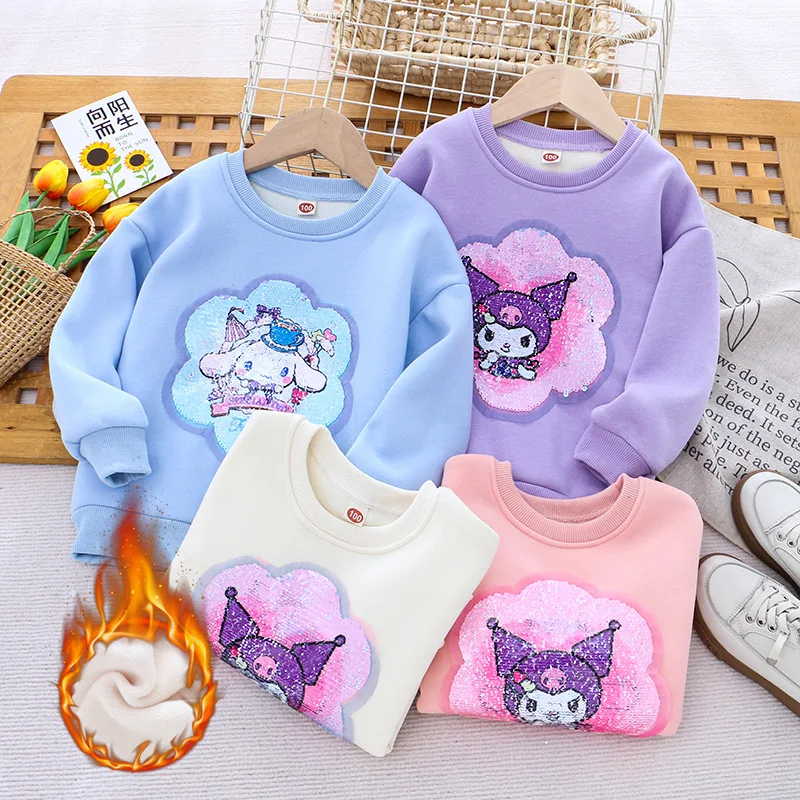 

Cinnamoroll Sanrio Kawaii Anime Plush Thick Color Changing Sequin Top Kuromi Cute Winter New Girls Plus Fleece Hoodie Toys Kids
