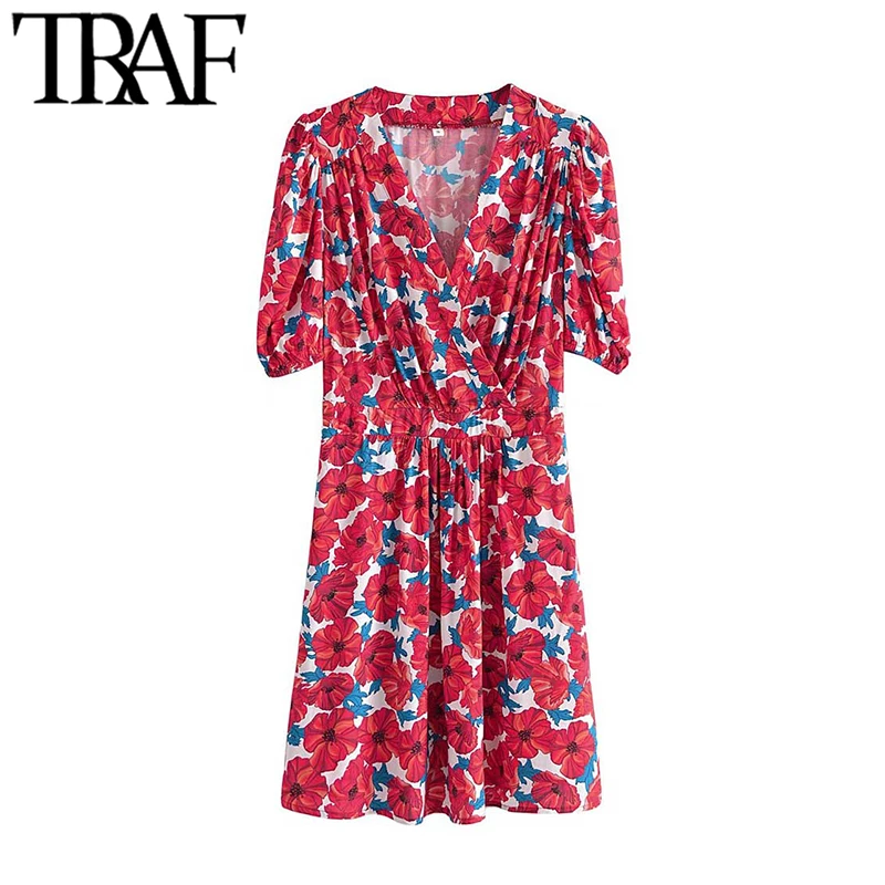 

Платье-мини с цветочным принтом, V-образным вырезом и коротким рукавом