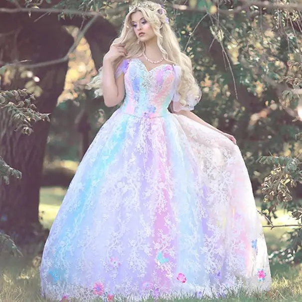 

Magical Fairy Unicorn Princess Wedding Gown Upscale Costume Pastel Sparkles Ball Gowns Off Shoulder Lace Tulle Evening Dress