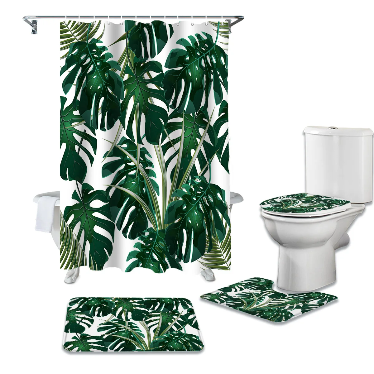 

Tropical Jungle Leaves Monstera Green Shower Curtain Set Carpet Cover Toilet Cover Bathroom Mat Bathroom Household