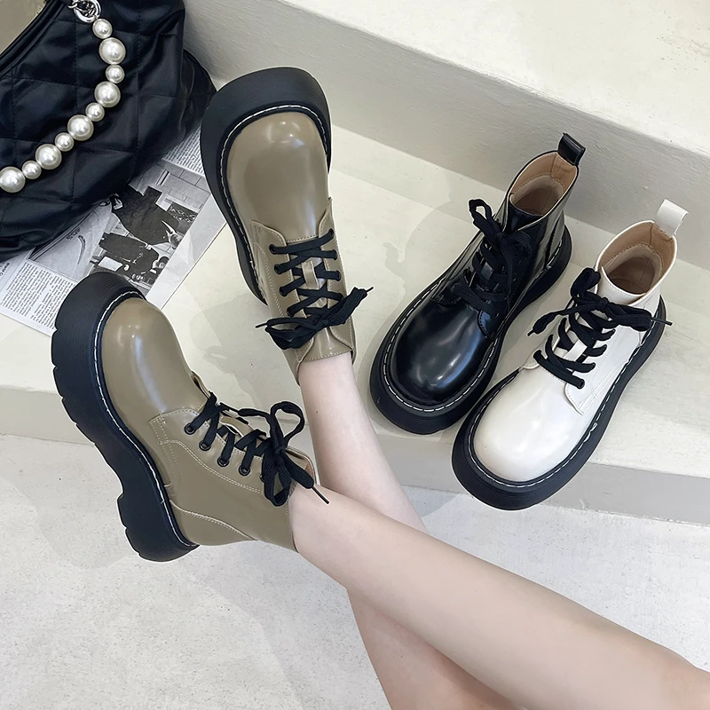 

Женские ботинки с круглым носком, на шнуровке, из ПУ кожи