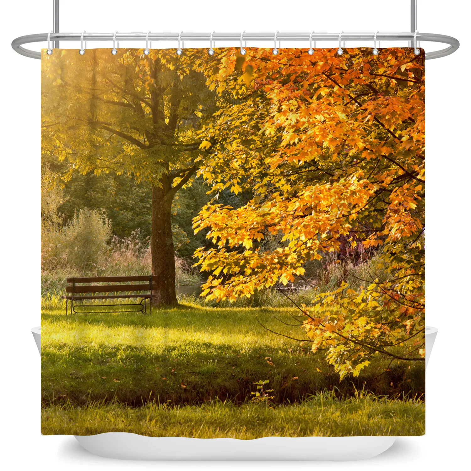 

Autumn Scenery Shower Curtain Fall Maple Leaves Forest Landscape Bathroom Bathtub Screen Waterproof Fabric Decoration with Hooks