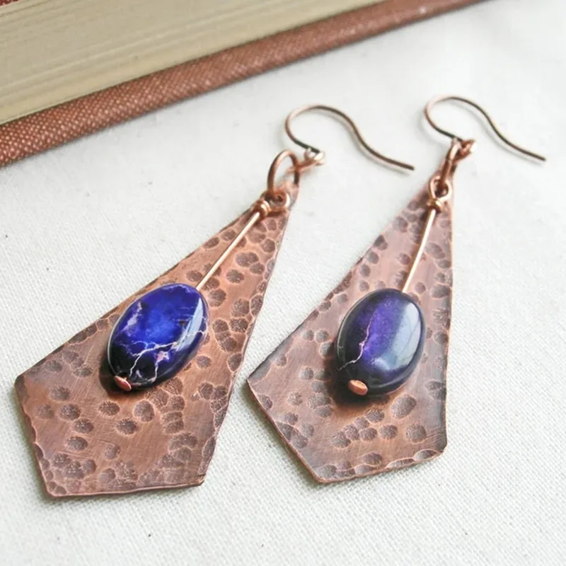 

Punk Extra Long Rhombus Metal Hook Dangle Earrings Vintage Handmade Pendant Purple Stone Ladies Boho Jewelry Earrings