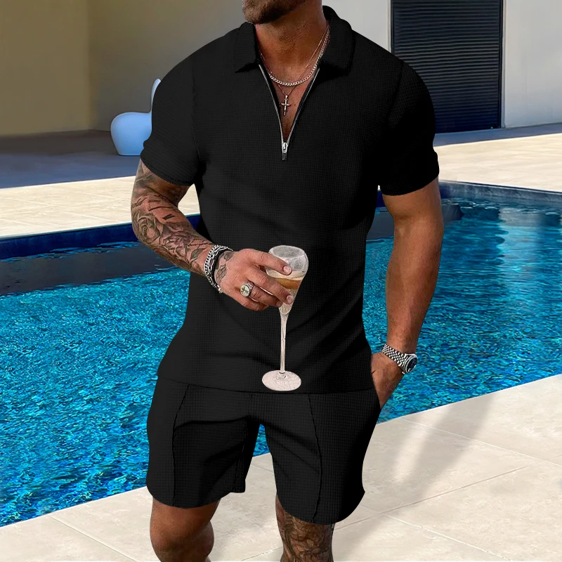 

Мужская футболка-поло с коротким рукавом и шорты, Однотонная рубашка-поло, весна-лето 2023