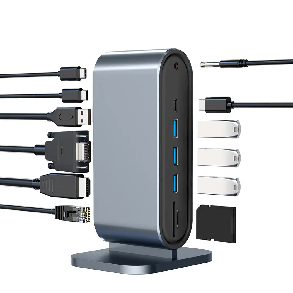 

12 in 1 Type C HUB USB 3.0 Vertical Dock Station USB-C Splitter TF Reader Ethernet Adapter 4K HDMI PD 100W for Laptop PC