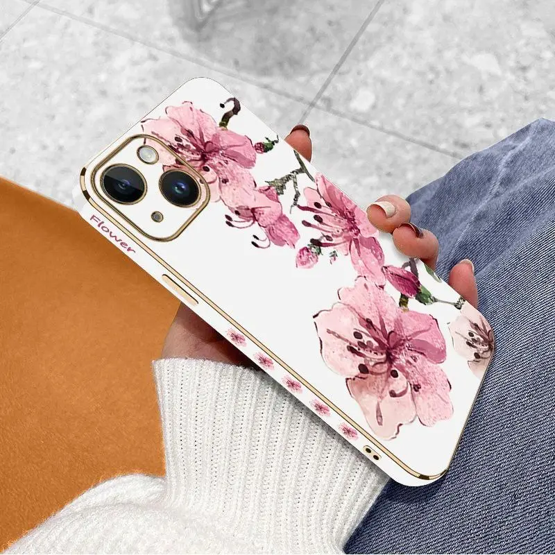 Ink Peach Blossoms Luxury Plating Phone Case For iPhone 14 13 12 11 Plus Pro Max Mini X XR XS SE2020 8 7 6 6S Plus Cover