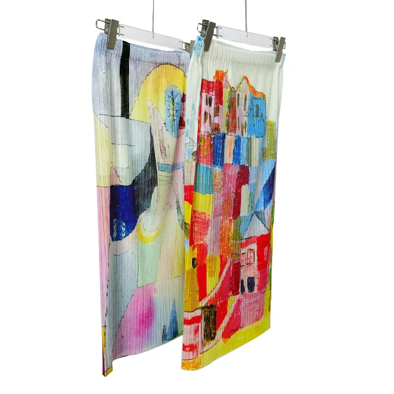 

Miyake Pleated Half Skirt Spring and Autumn Women's Pleated Oil Painting Castle Half Skirt Niche Design High Waist Retro Jupe