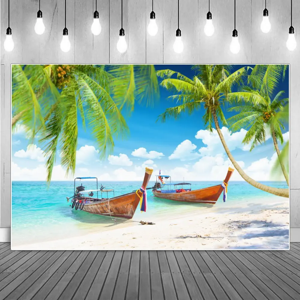 

Tropical Palms Beach Boats Scenic Summer Holiday Photography Backgrounds Clouds Blue Sky Party Decoration Photocall Backdrops