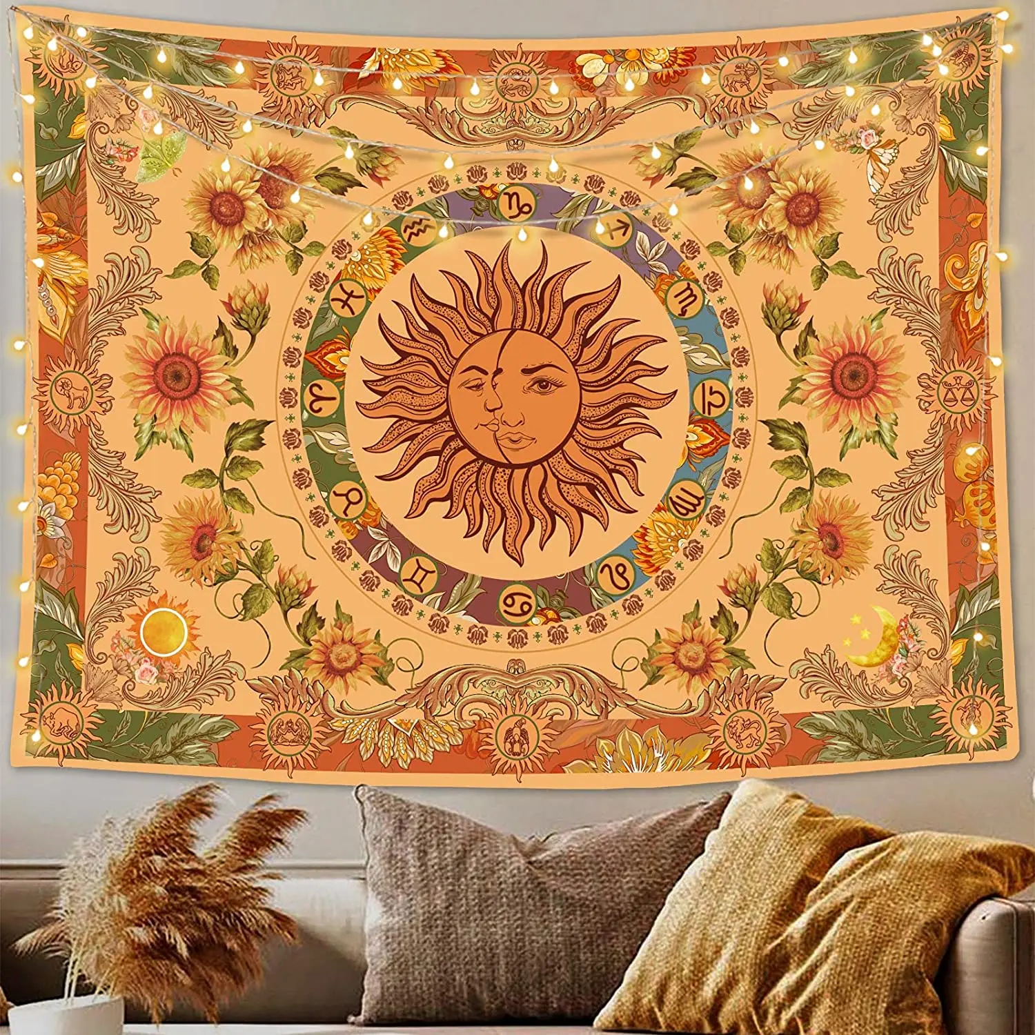 

Yellow Sun and Moon Tapestry Vintage Indie Boho Tapestry Wall Hanging with Sunflowers Butterfly Moth Constellation Tapestries