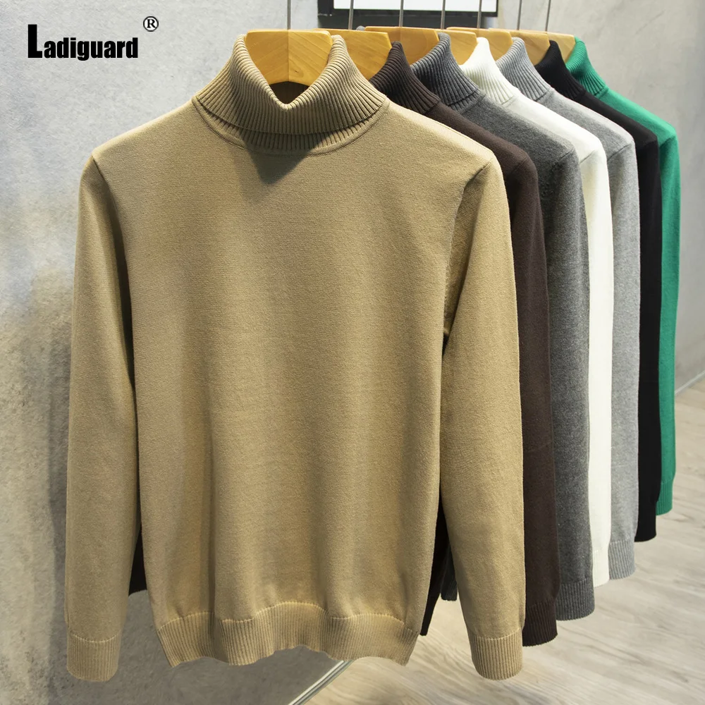 Ladiguard Plus Size 4xl Men Solid Knitting Sweaters Winter Warm Pullovers Mens Turtleneck Tops Knitwear Kpop Draped Jumpers 2022