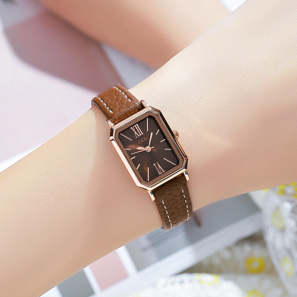GEDI Retro Rectangle Women Watches Leather Strap Ultra-thin Waterproof Ladies Quartz Wrist Watch Casual Vintage Female Clock New