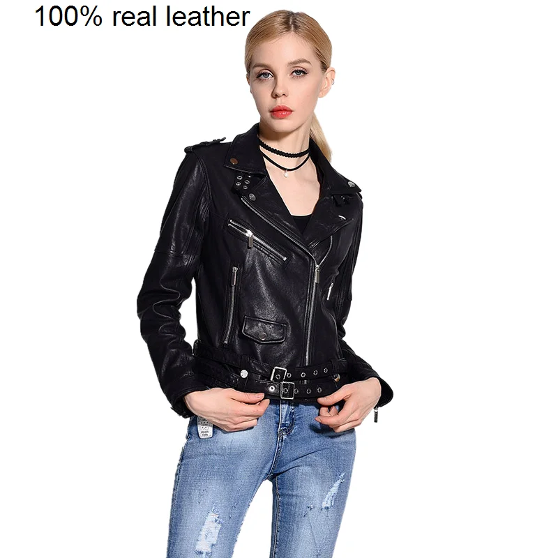 Women Genuine Jacket Soft 100% Tanned Sheepskin Double Belts Female Leather Coat Ladies Biker Clothing Autumn M307