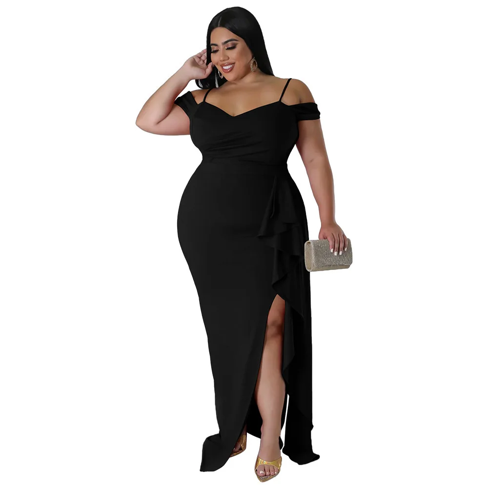 Plus Size Sexy Women Evening Dress Spaghetti v Neck Short Sleeves Side Split Ruffles Elegant Casual Part 3xl 4xl 5xl 6xl