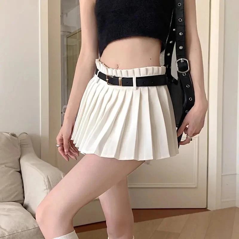 

HOUZHOU Pleated Skirt Shorts Women Korean Fashion Summer High Waist Belted Sexy Casual Solid Micro Mini Skirt Y2k Girl Skort