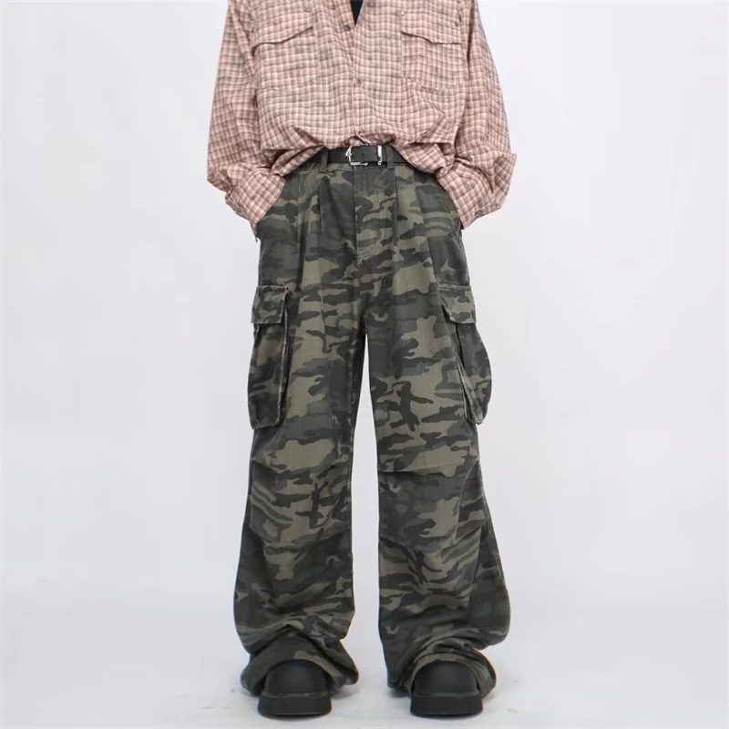 Женские прямые камуфляжные брюки унисекс с большими карманами широкие уличные