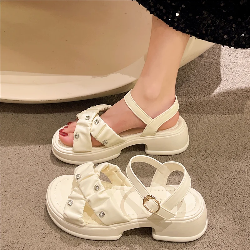 2023 Summer Clear Heels Comfort Shoes for Women Female Sandal Med Clogs Wedge Girls Retro Fashion Gladiator Medium Beach Rhinest