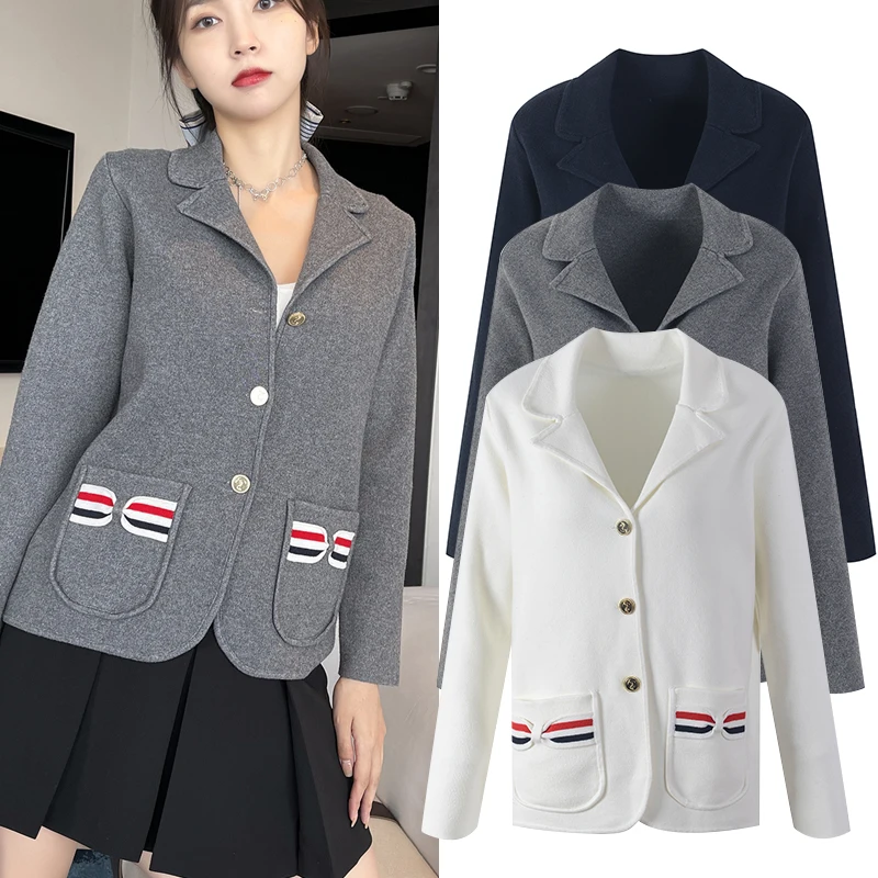 British college style autumn and winter high-end tb style sweet bow pocket knitted suit jacket suit jacket women
