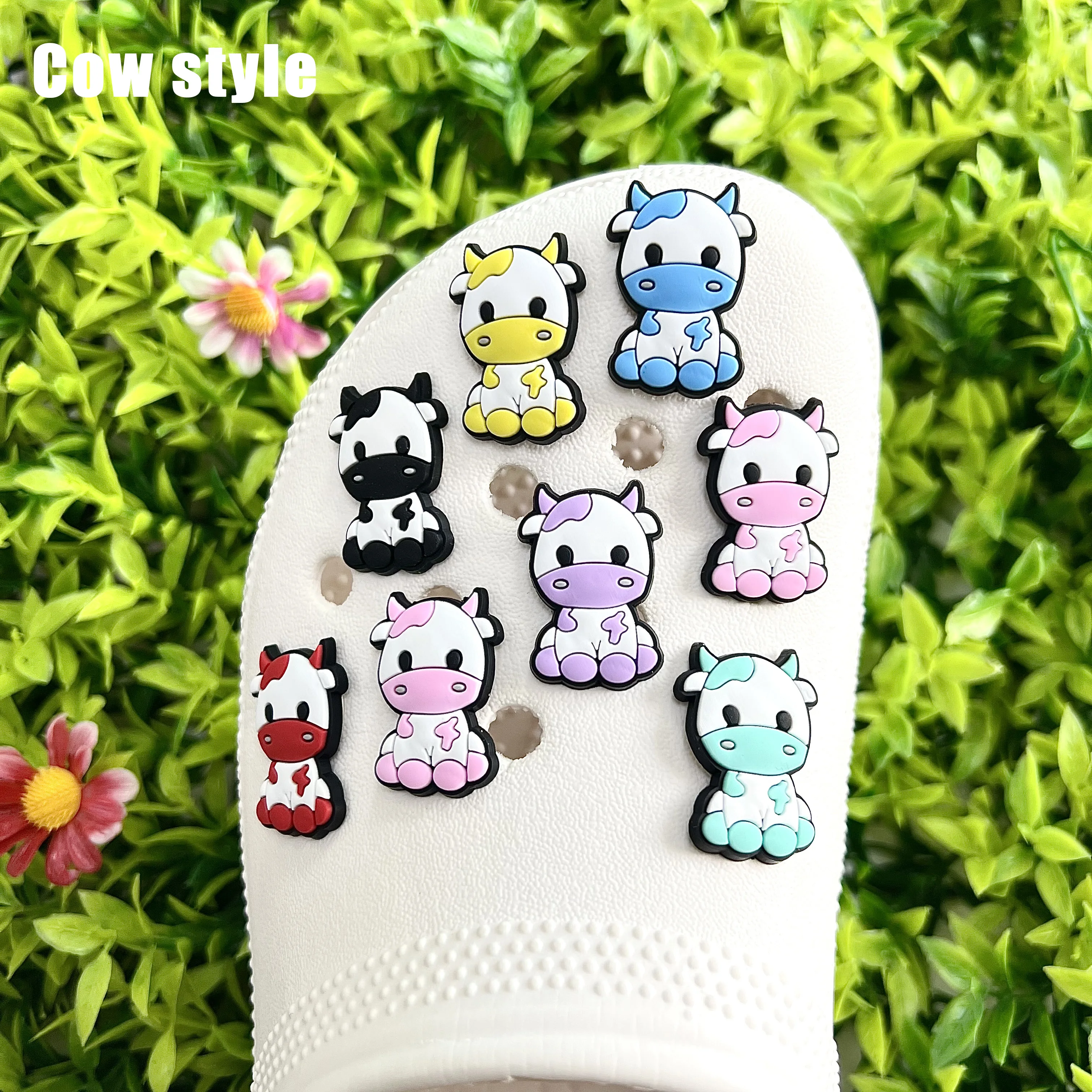 7PCS Cute Cow Series Croc Charms Sneakers Pink Shoe Accessories Decorations Pins Croc Jeans for Women Men Dropshipping Gift