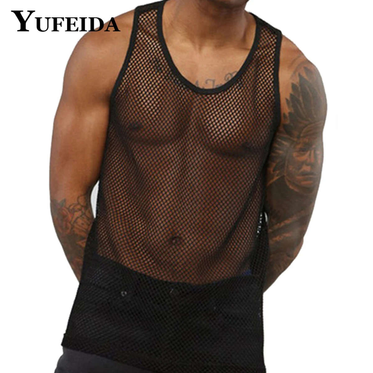 

YUFEIDA Men's Sexy Fishnet Vest Mesh Breathable Camisole Tank Top Undershirt Clothes Men Tank Top Sleeveless Shirt Fitness Vests