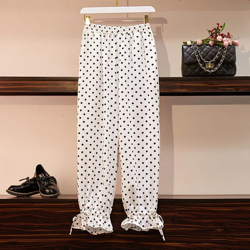 

2022 Spring Summer Korean Style Casual Pants For Woman Polka Dot Elastic Waist Bandage White Trousers Female Oversized Pants